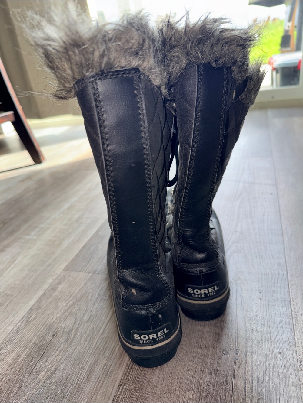 Sorel Black Tall Quilted Boots with Gray Faux-Fur Trim